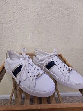 Michael Kors Irving sneakers. Genuine white leather Blue and silver stripe. Sz 6